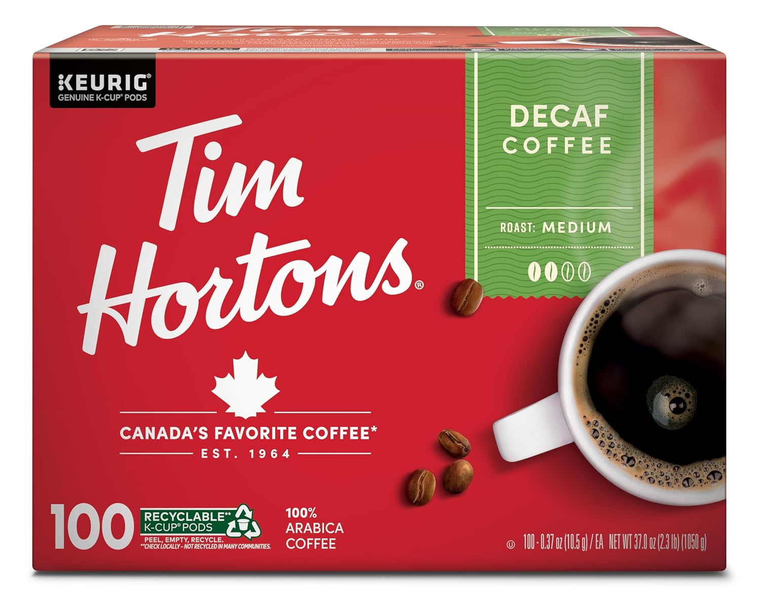 Tim Hortons Decaf Medium Roast Coffee K-Cup Pods for Keurig