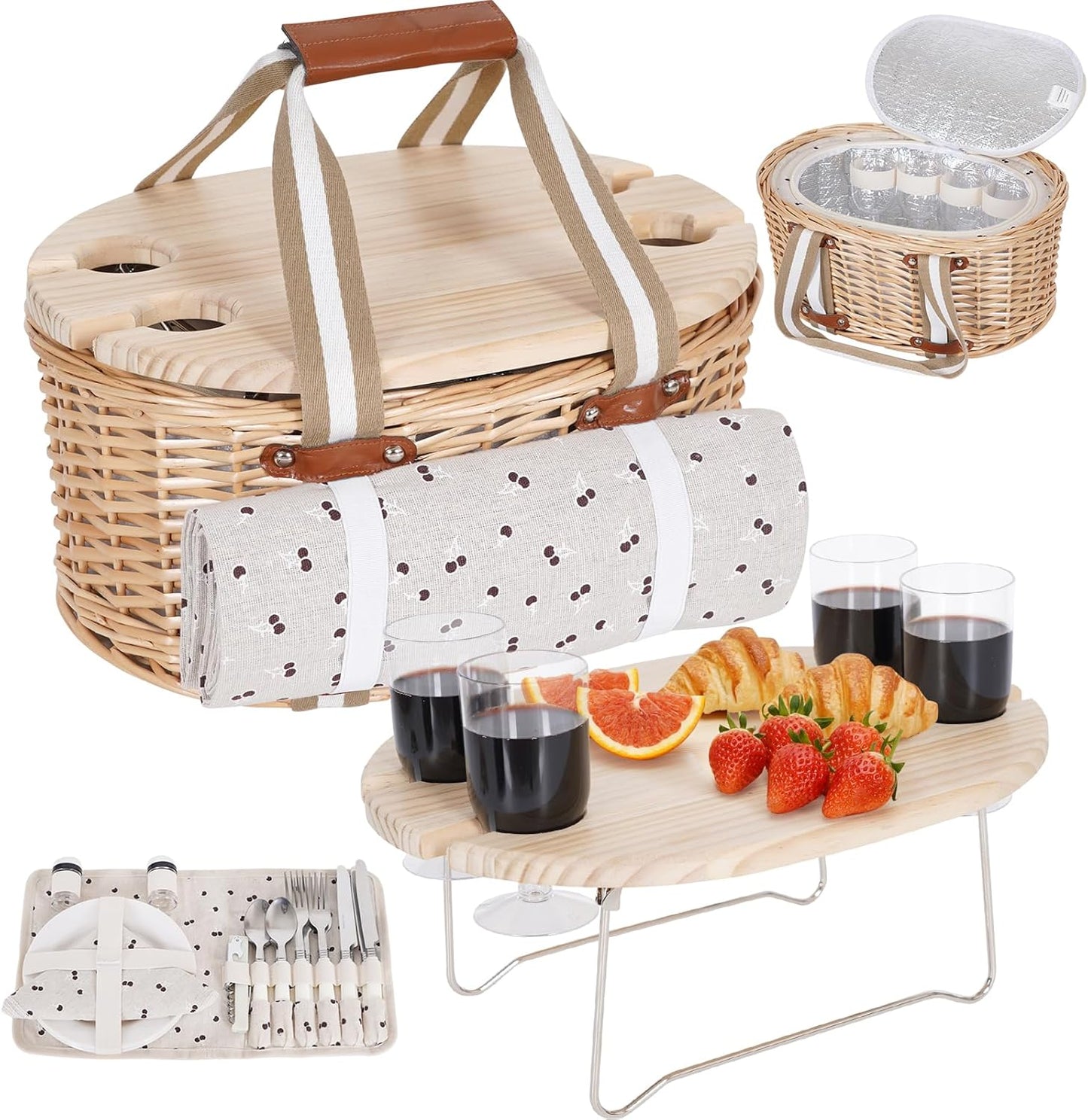 Picnic Basket Set for 4 - Wicker Insulated with Blanket & Table