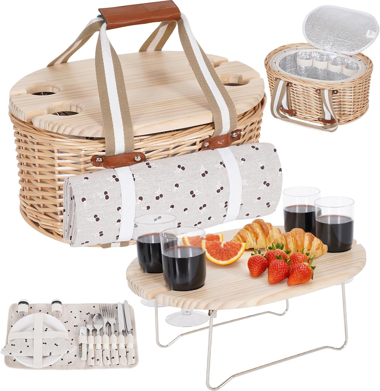 Picnic Basket Set for 4 - Wicker Insulated with Blanket & Table