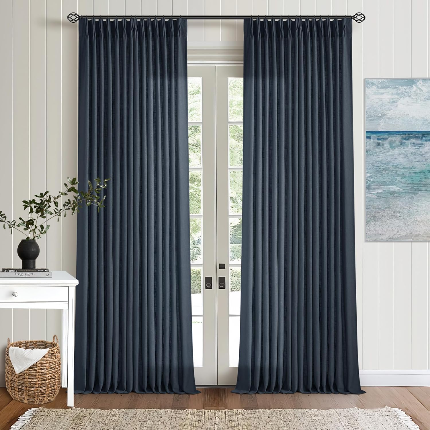 Navy 90 Inch Linen Curtains for Living Room and Bedroom Decor
