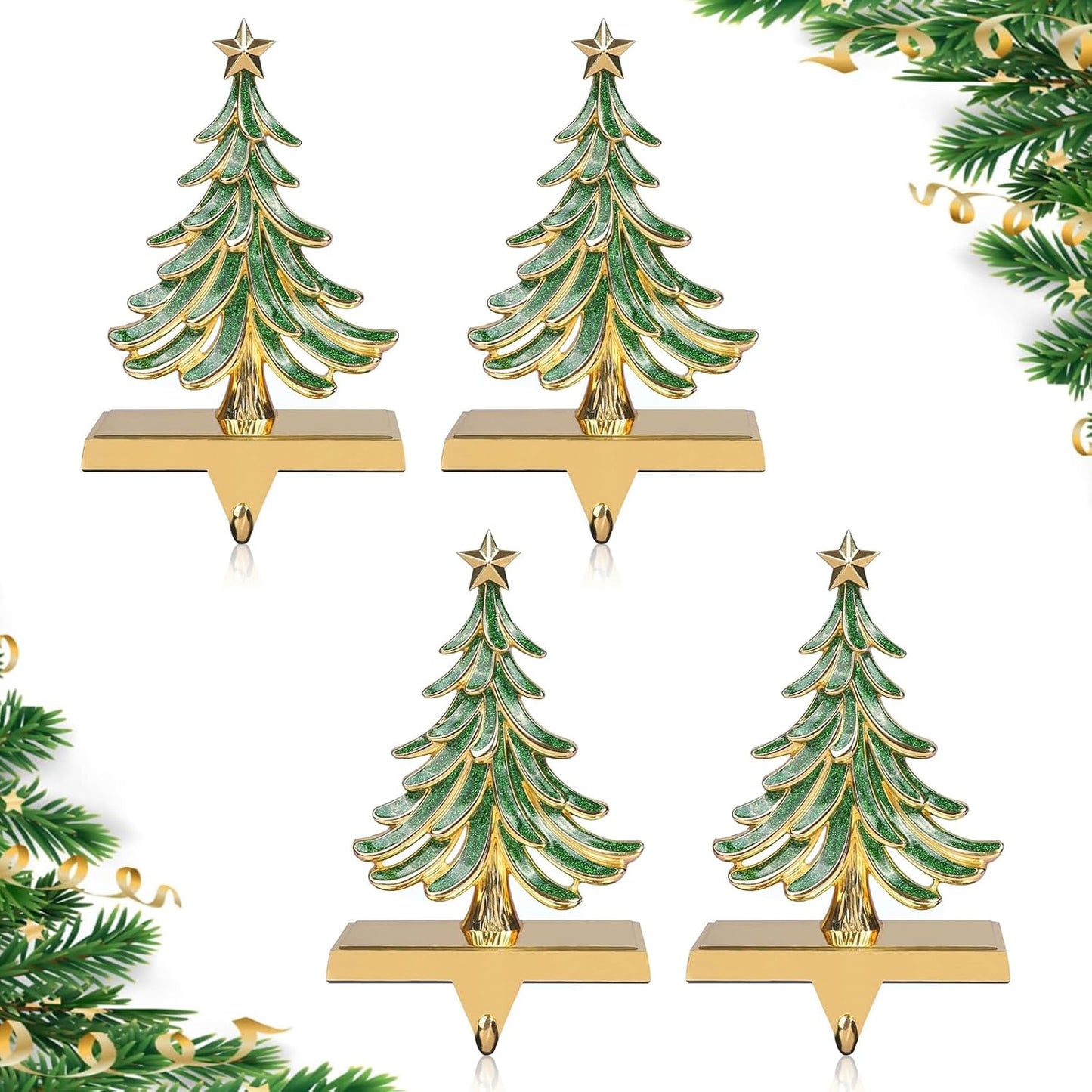 Christmas Stocking Holders for Mantle Glitter Green Gold Decor