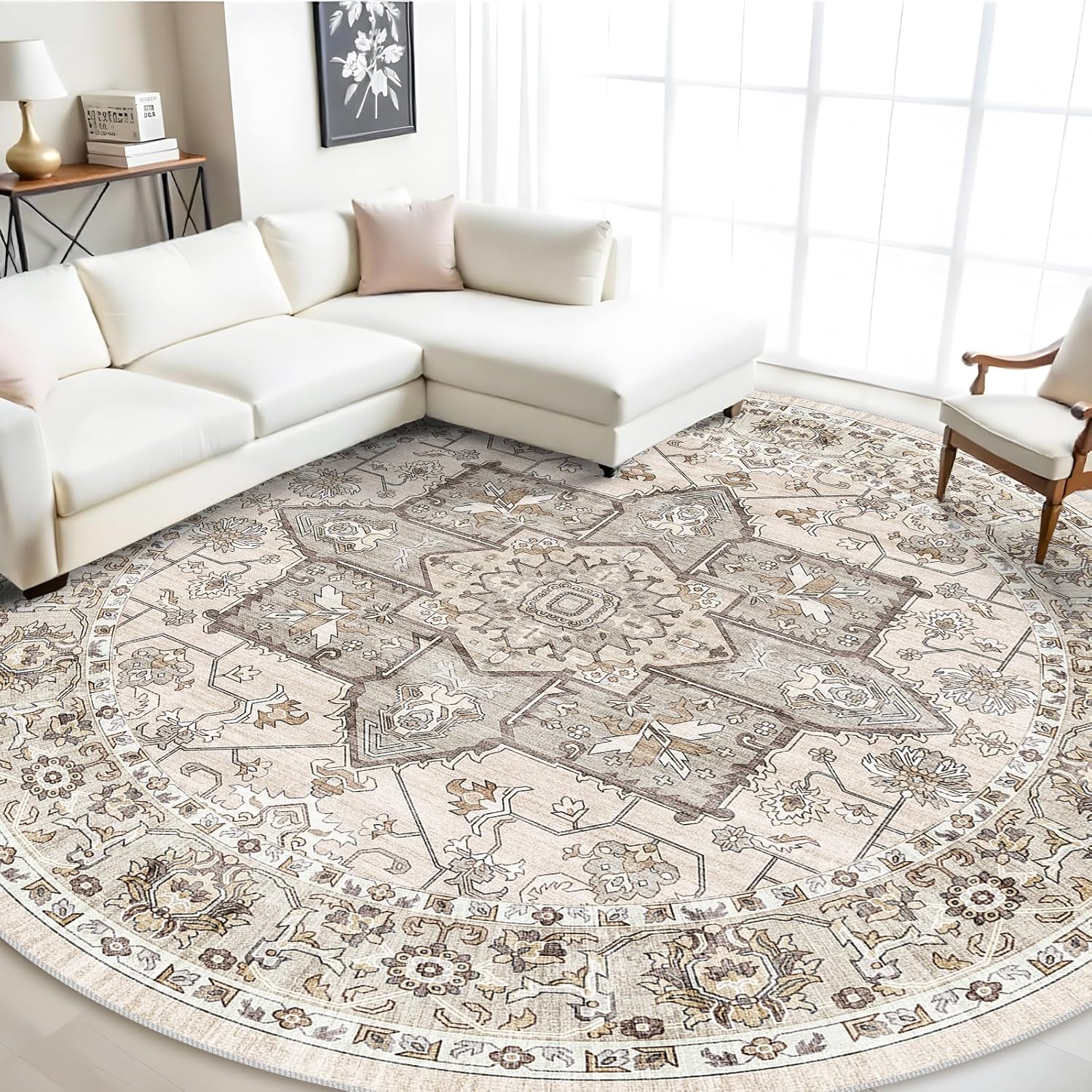 RUUGME Washable 9 ft Round Rug - Large Boho Tribal Carpet