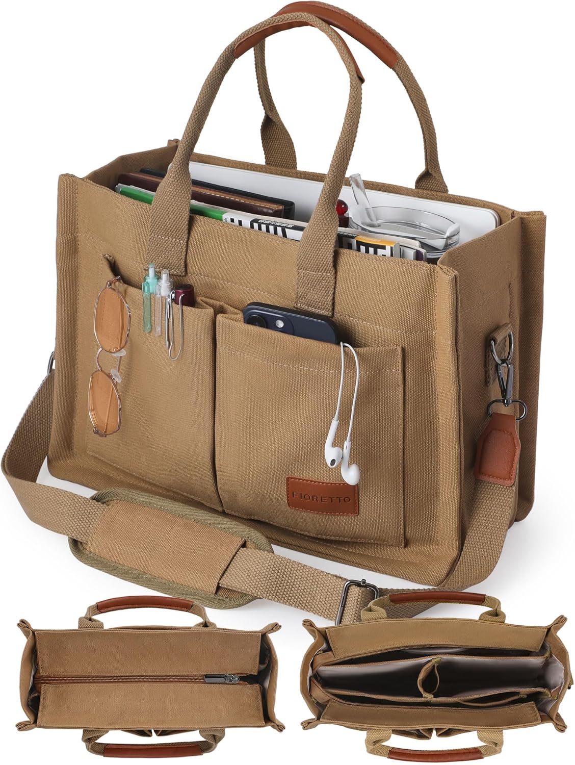 FIORETTO Canvas Tote Bag for Women with Zipper Closure