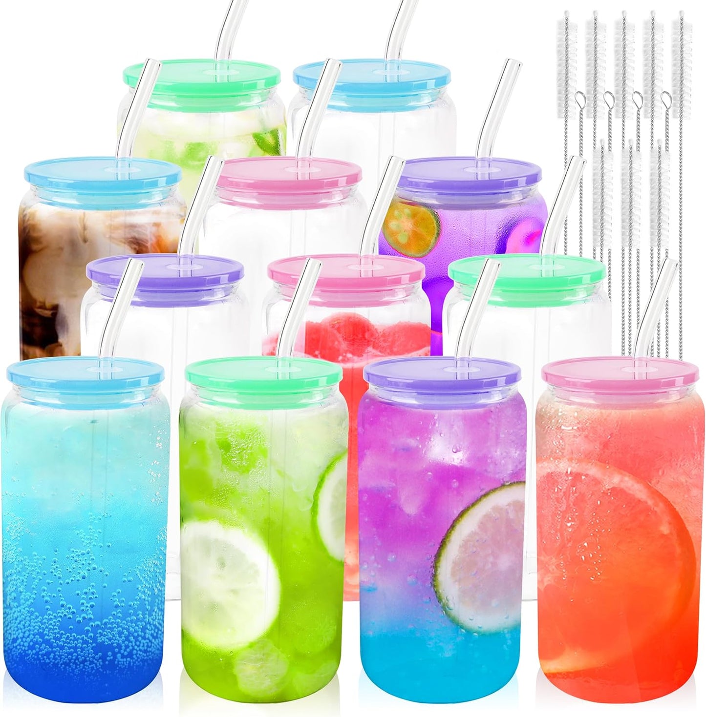 Joyclub 12pcs Glass Cups with Lids and Straws for Drinks