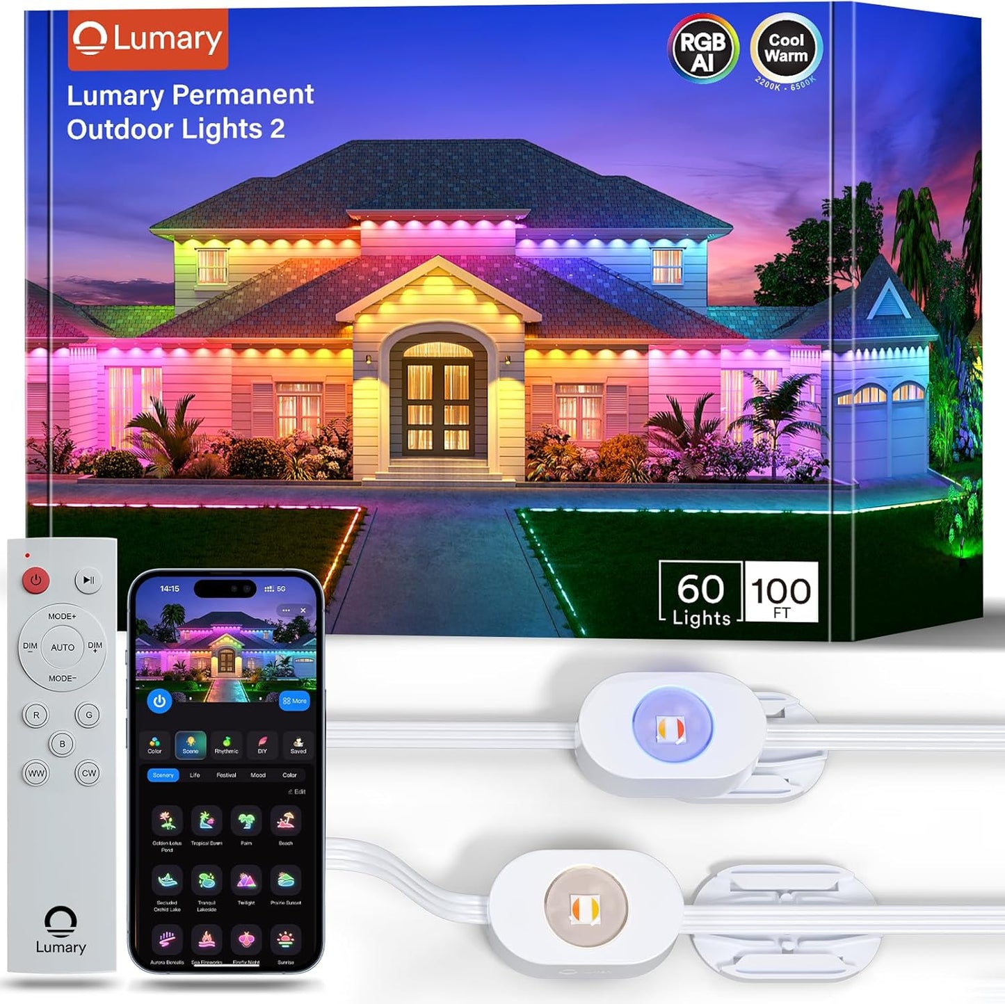 Lumary Permanent Outdoor Lights 100ft with Remote for Decor