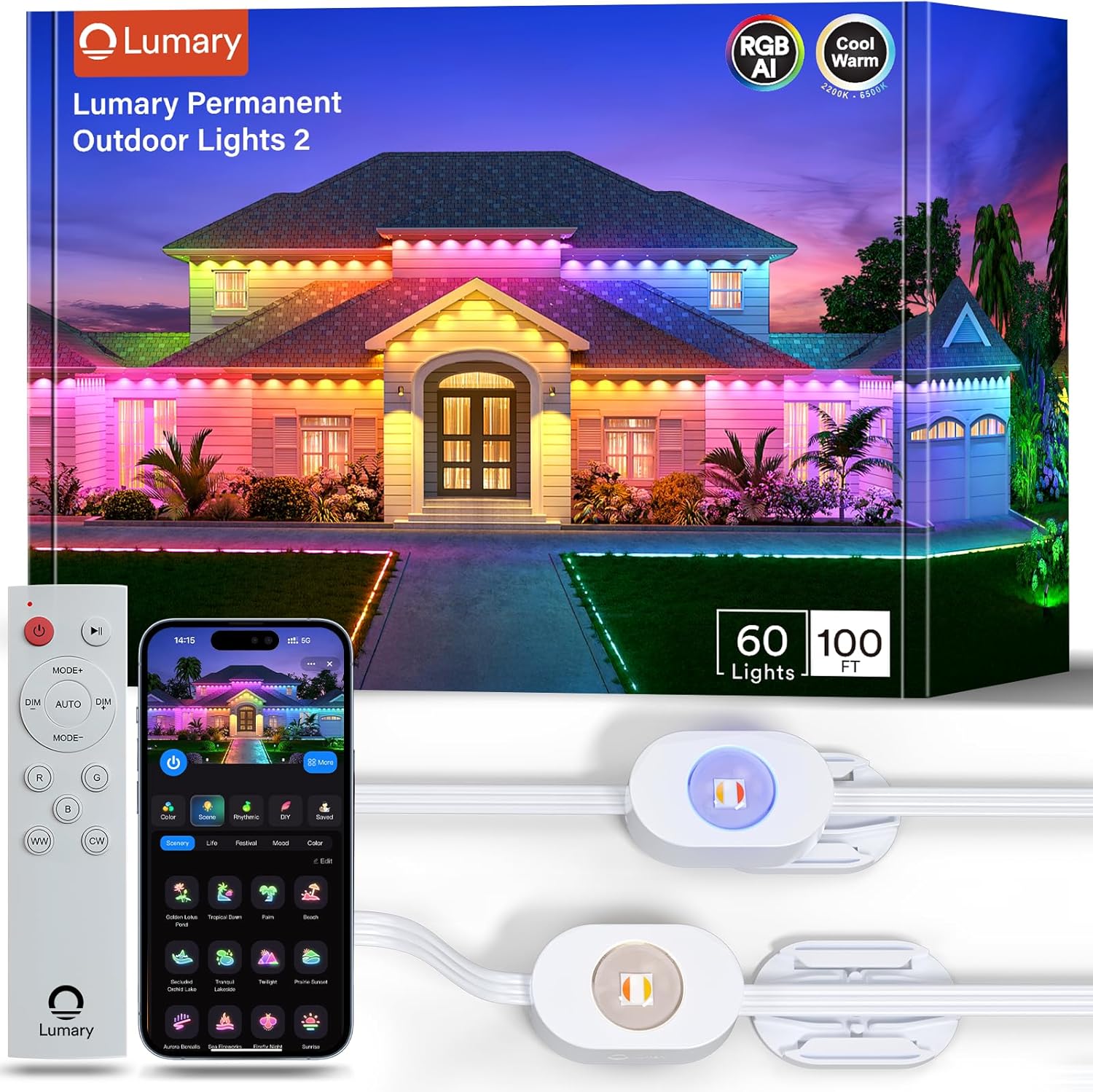 Lumary Permanent Outdoor Lights 100ft with Remote for Decor