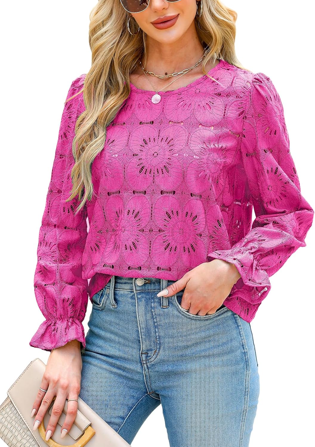 CUPSHE Women Eyelet Long Sleeve Tops for Dressy Casual Style