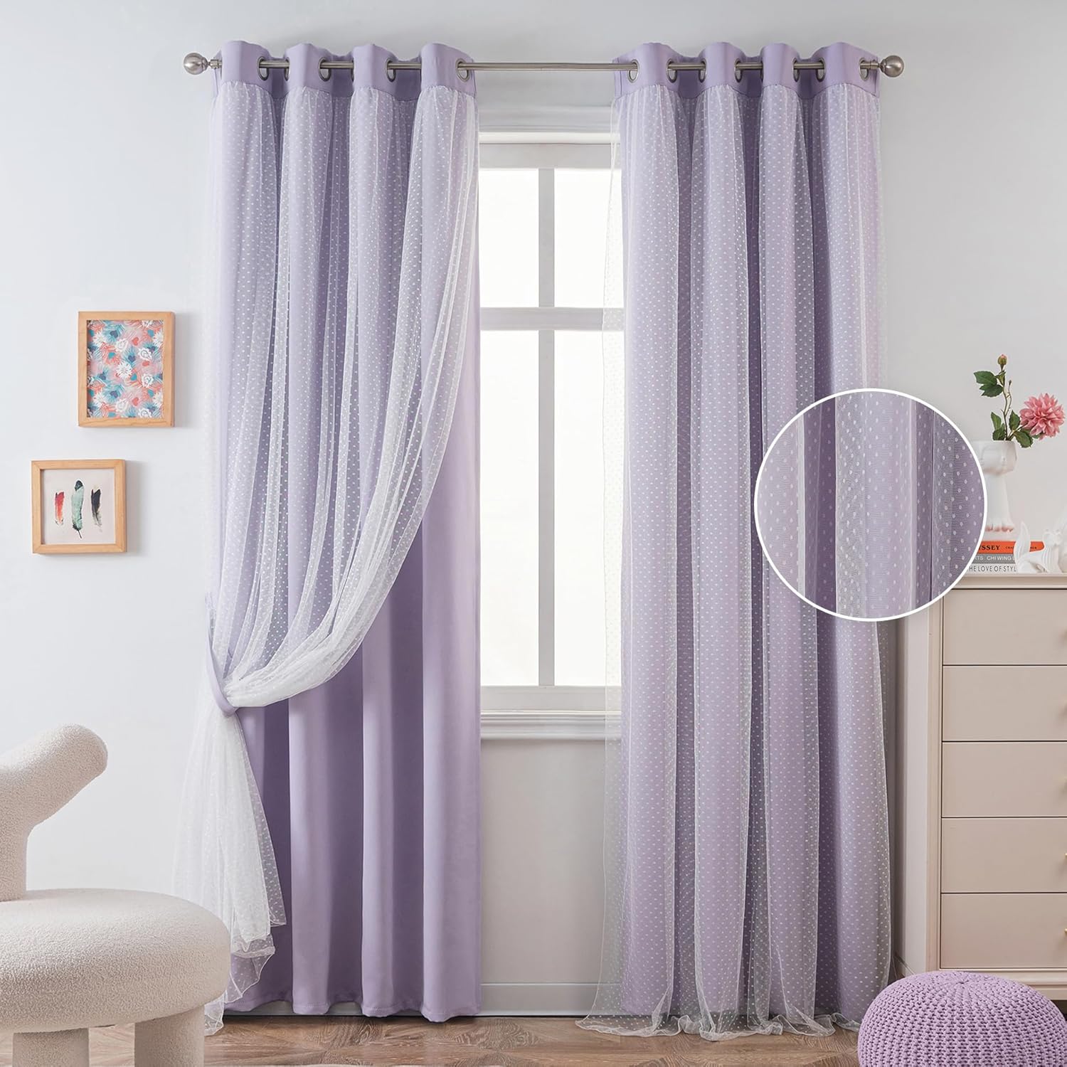 Cute Lilac Curtains for Girls Bedroom & Nursery with Polka Dots