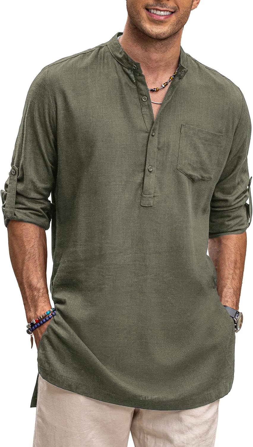 COOFANDY Men's Linen Henley Shirts for Casual Summer Style