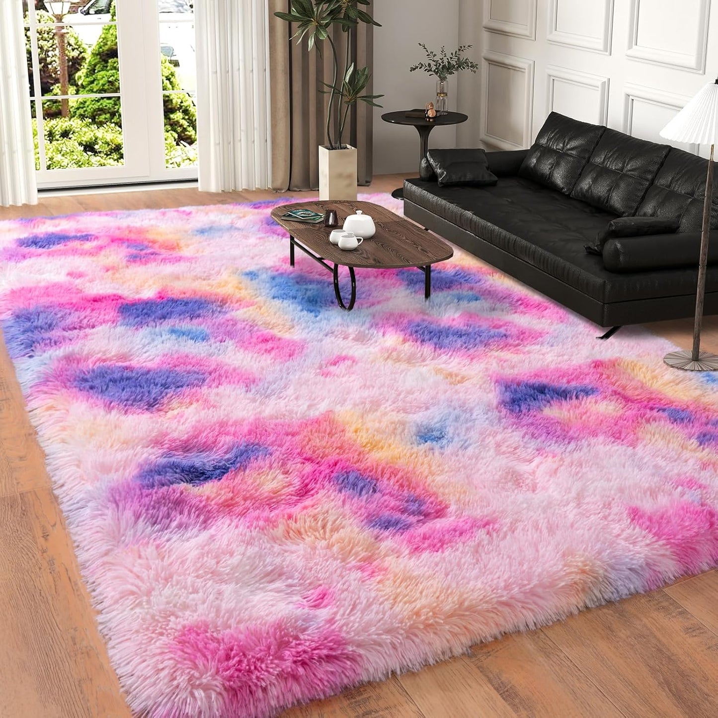 5x7 Area Rugs for Living Room - Plush Thick Hot Pink Rainbow