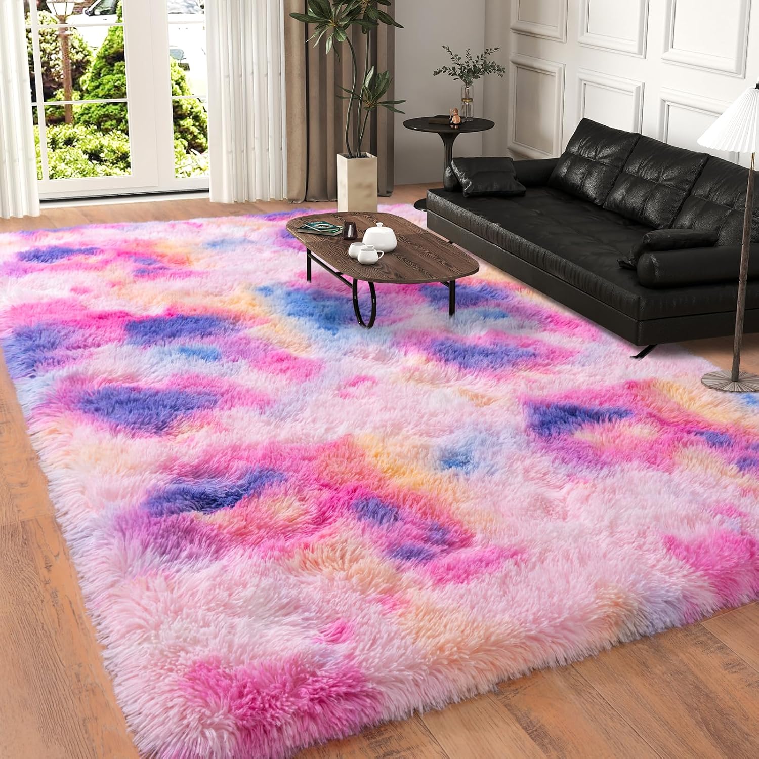 5x7 Area Rugs for Living Room - Plush Thick Hot Pink Rainbow