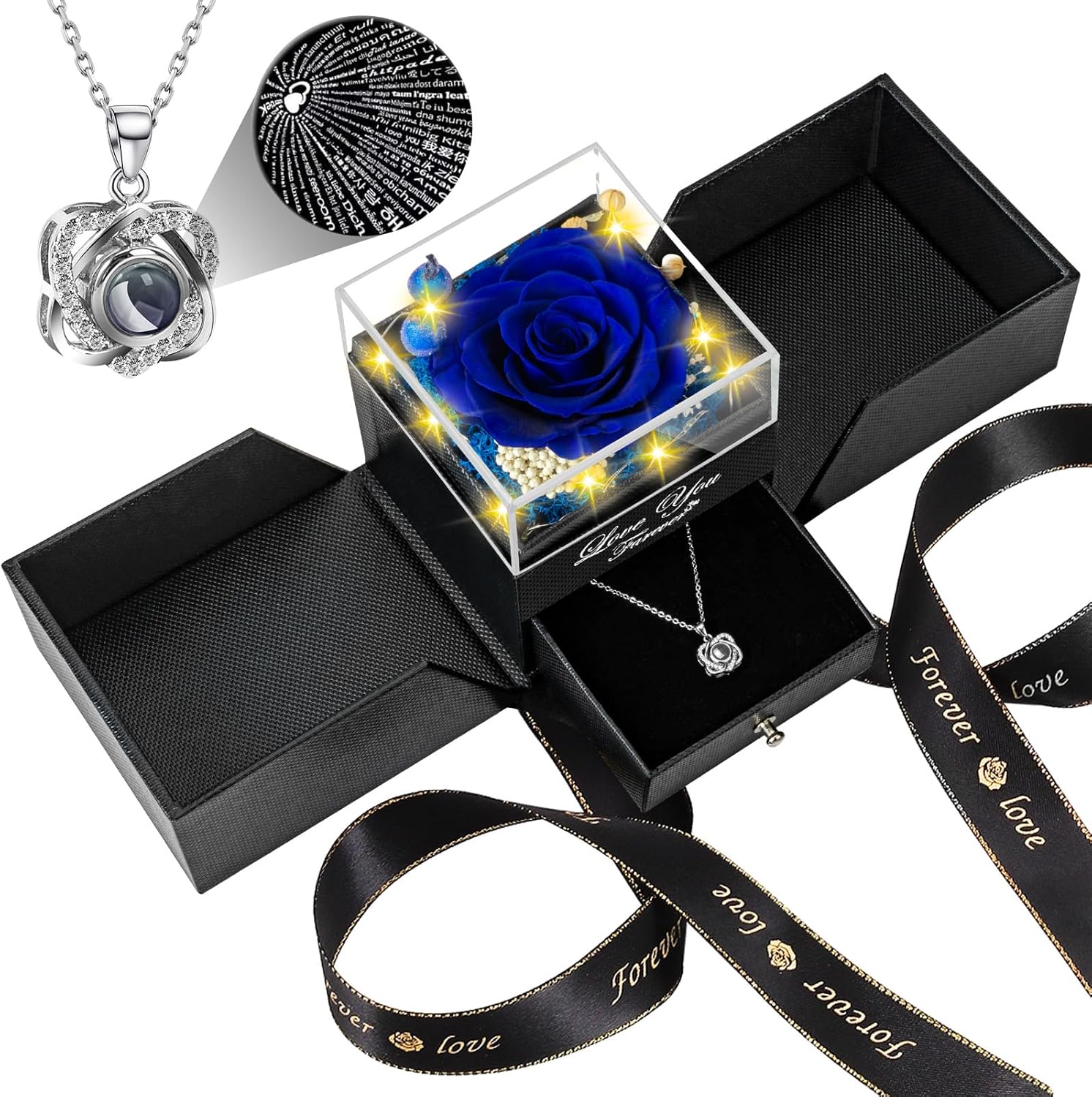Preserved Blue Real Rose Gift Set with Necklace for Her