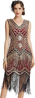 Women's 1920s Beaded Flapper Dress V Neck with Long Fringe