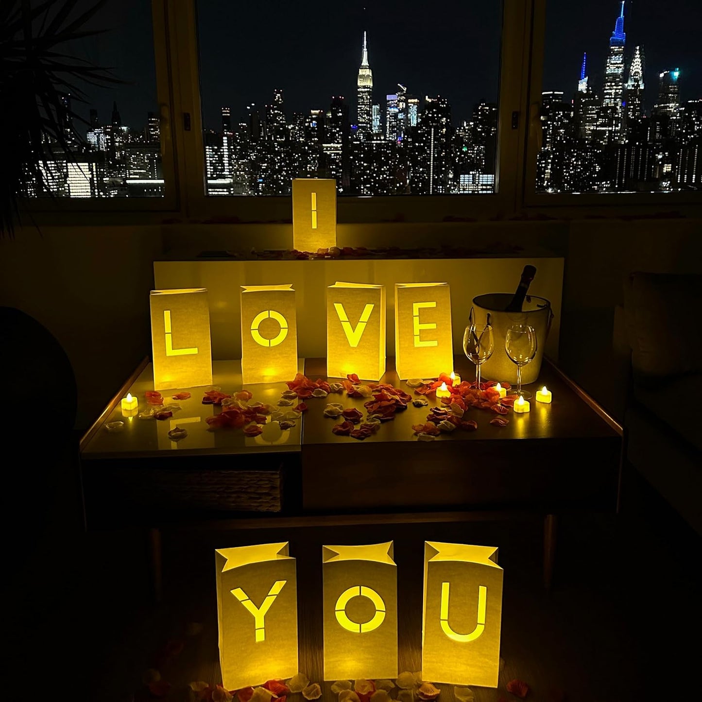 I Love You Light Up Letters with Tea Lights and Rose Petals