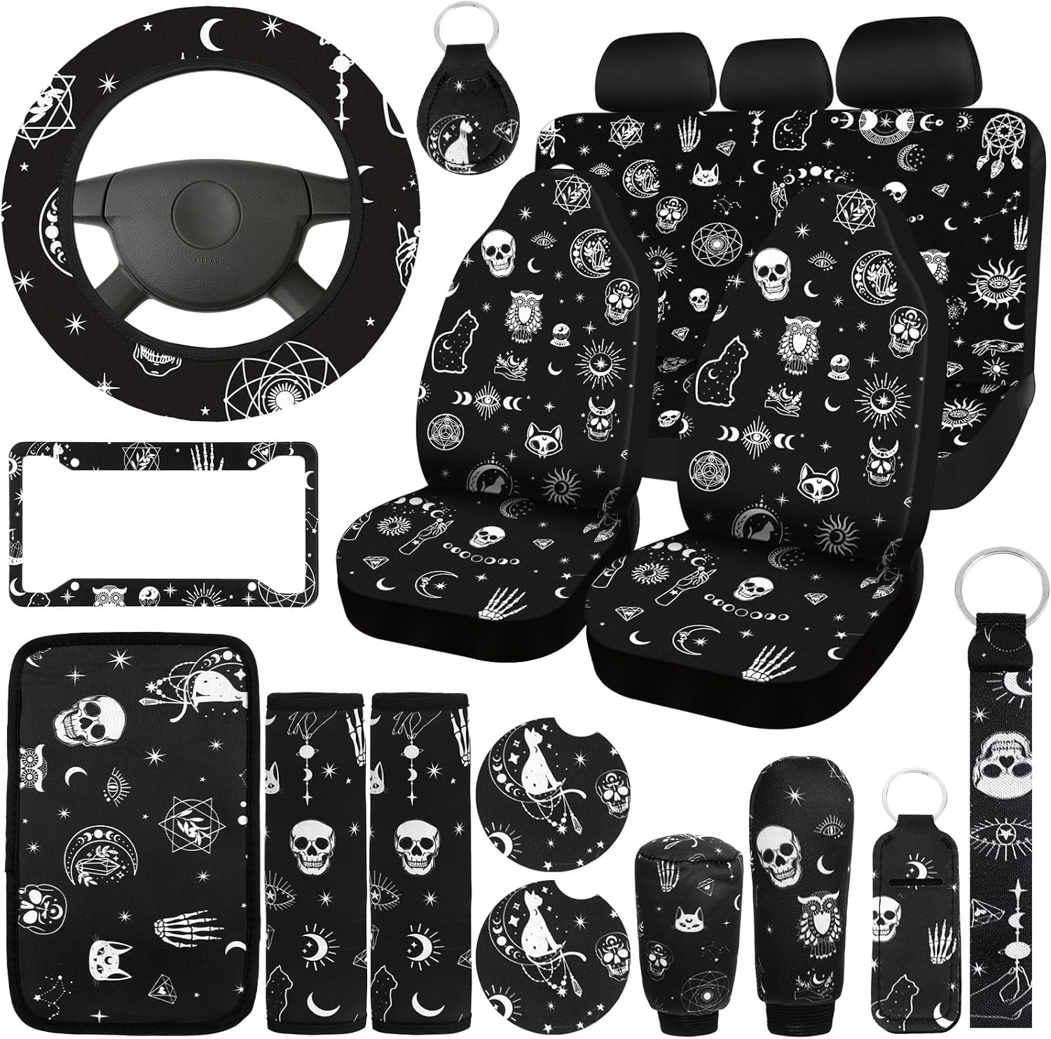 Skull Cat Moon Car Seat Covers Full Set Accessories for SUV