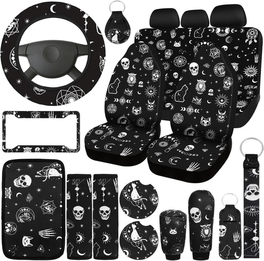 Skull Cat Moon Car Seat Covers Full Set Accessories for SUV
