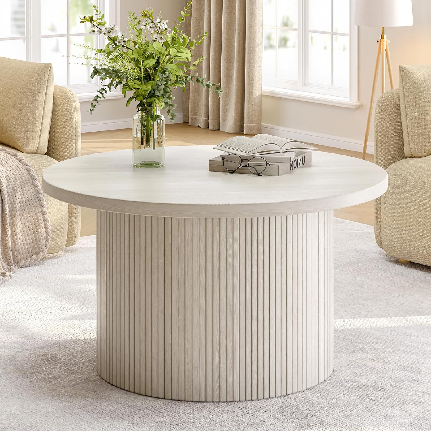 31.5in Round Coffee Table with Classic Tambour Design for Living Room