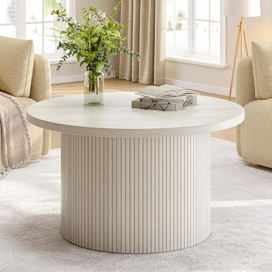 31.5in Round Coffee Table with Classic Tambour Design for Living Room