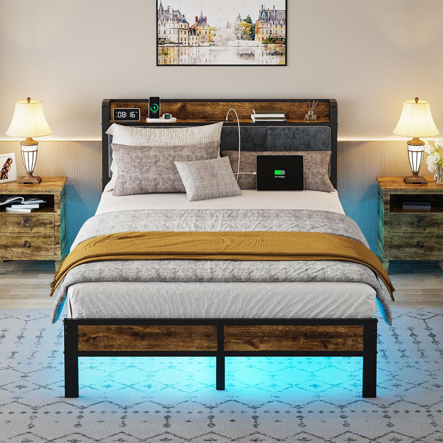 Full Bed Frame with Storage and Charging Station for Modern Living