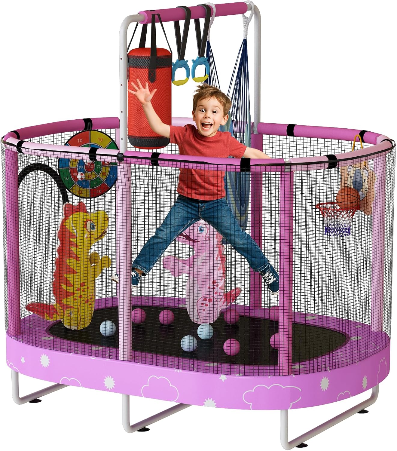 LAMERGE 55in 7-in-1 Round Trampoline for Kids Ages 1-8