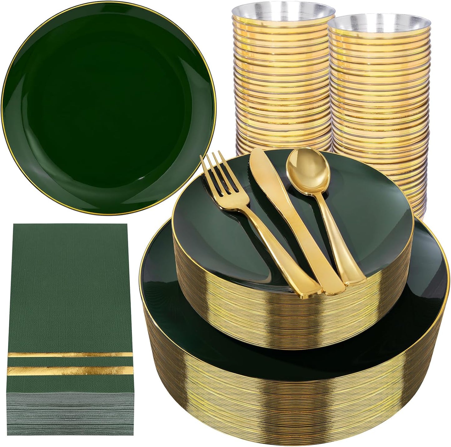 350PCS Green Plastic Plates Set for Elegant Parties and Events