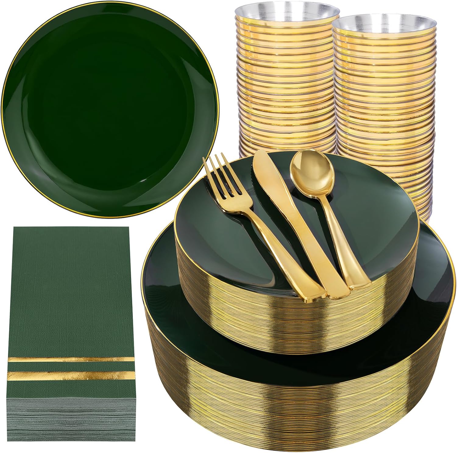 350PCS Green Plastic Plates Set for Elegant Parties and Events