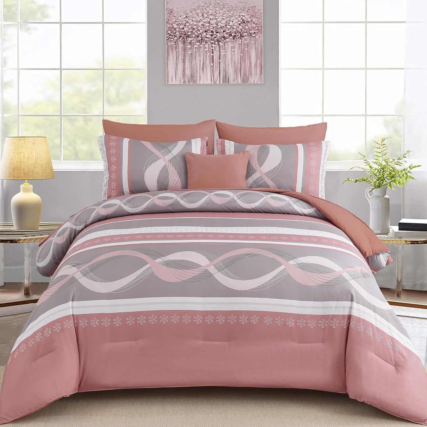 Anibedding Comforter Set King Size, 8 Pieces Pink Boho Bedding