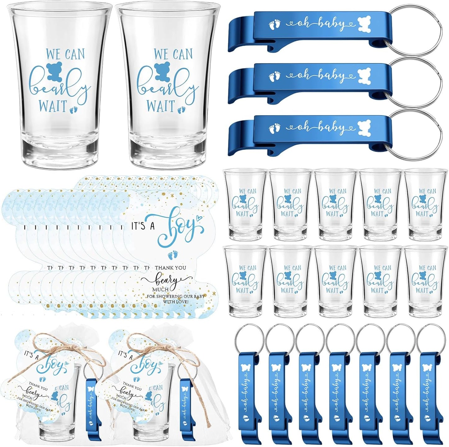 Cute Baby Shower Party Favor Shot Glasses and Keychains Set