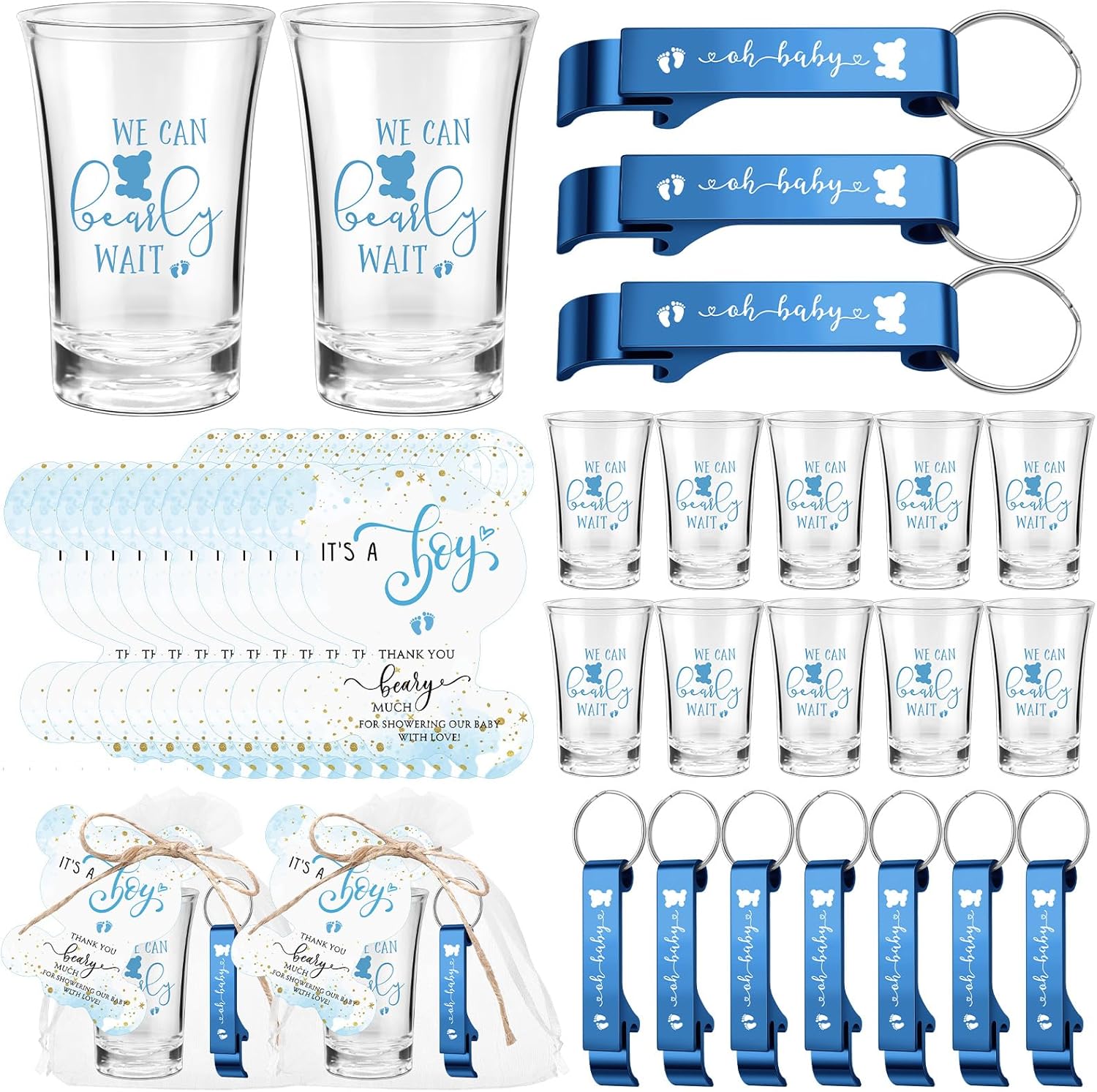 Cute Baby Shower Party Favor Shot Glasses and Keychains Set