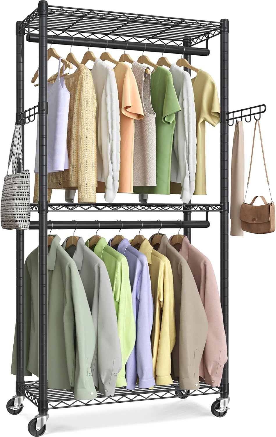 Heavy-Duty Rolling Clothes Rack with Adjustable Shelves and Rails