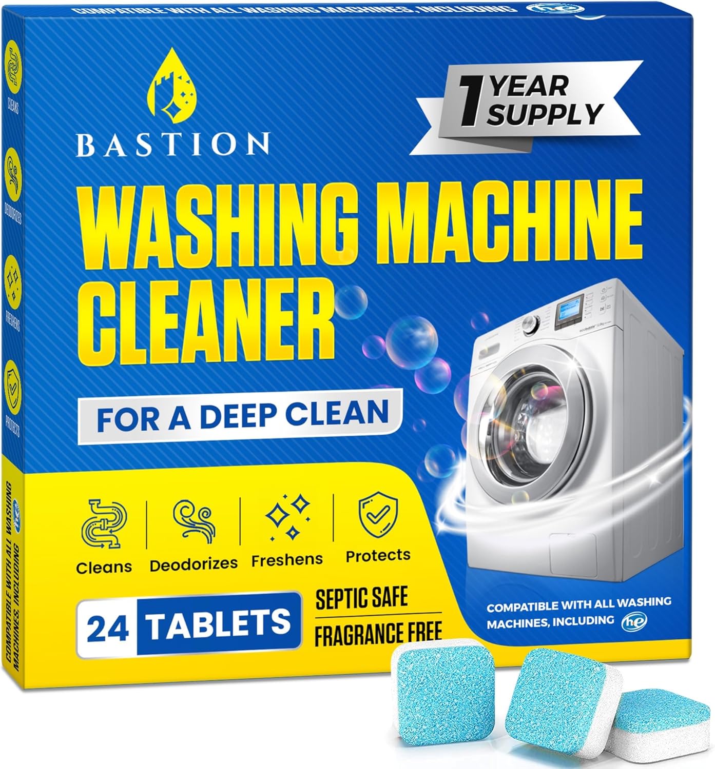 Bastion Deep Clean Washing Machine Tablets - Powerful Descaler & Deodorizer