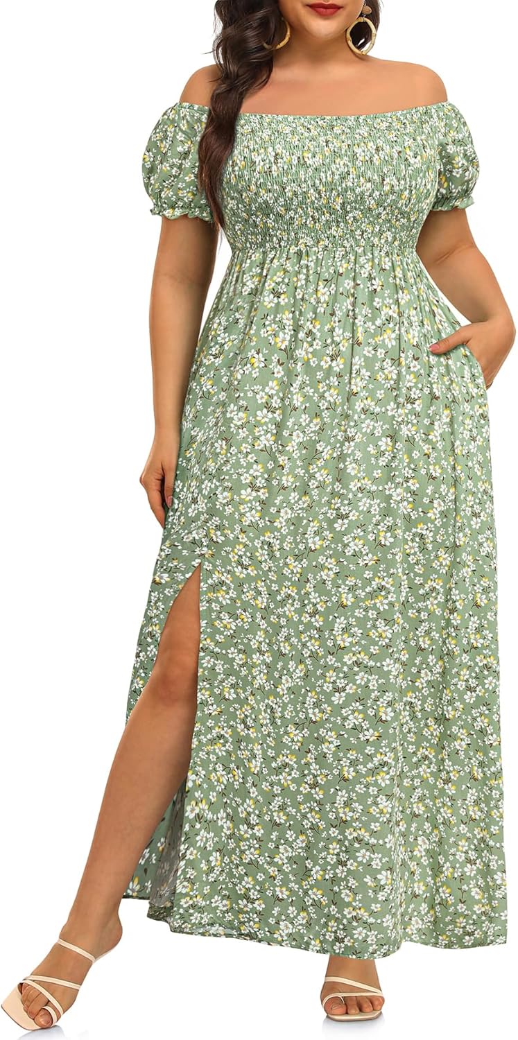Plus Size Summer Dresses - Boho Casual Off Shoulder Maxi Dress