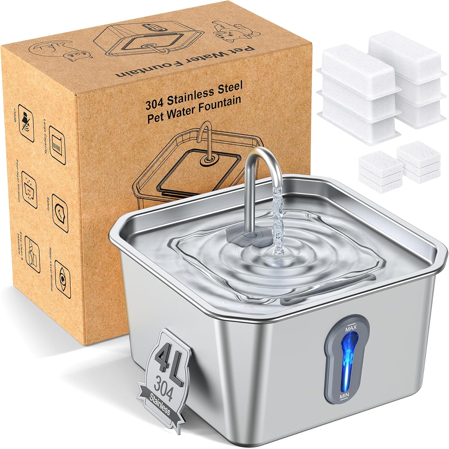 Stainless Steel Cat Water Fountain with 4L Capacity for Pets