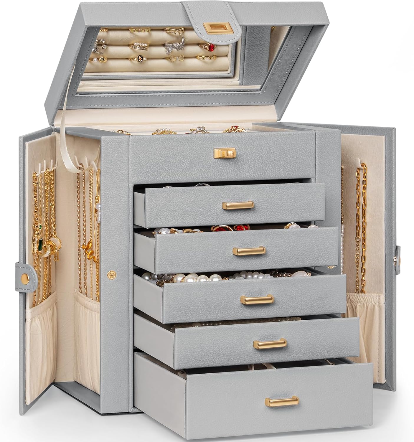 Elegant 6-Tier Jewelry Box Organizer with 5 Drawers and Mirror