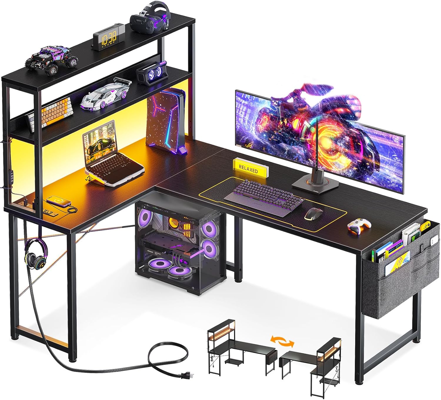 ODK 53 Inch L Shaped Desk with LED Lighting for Home Office