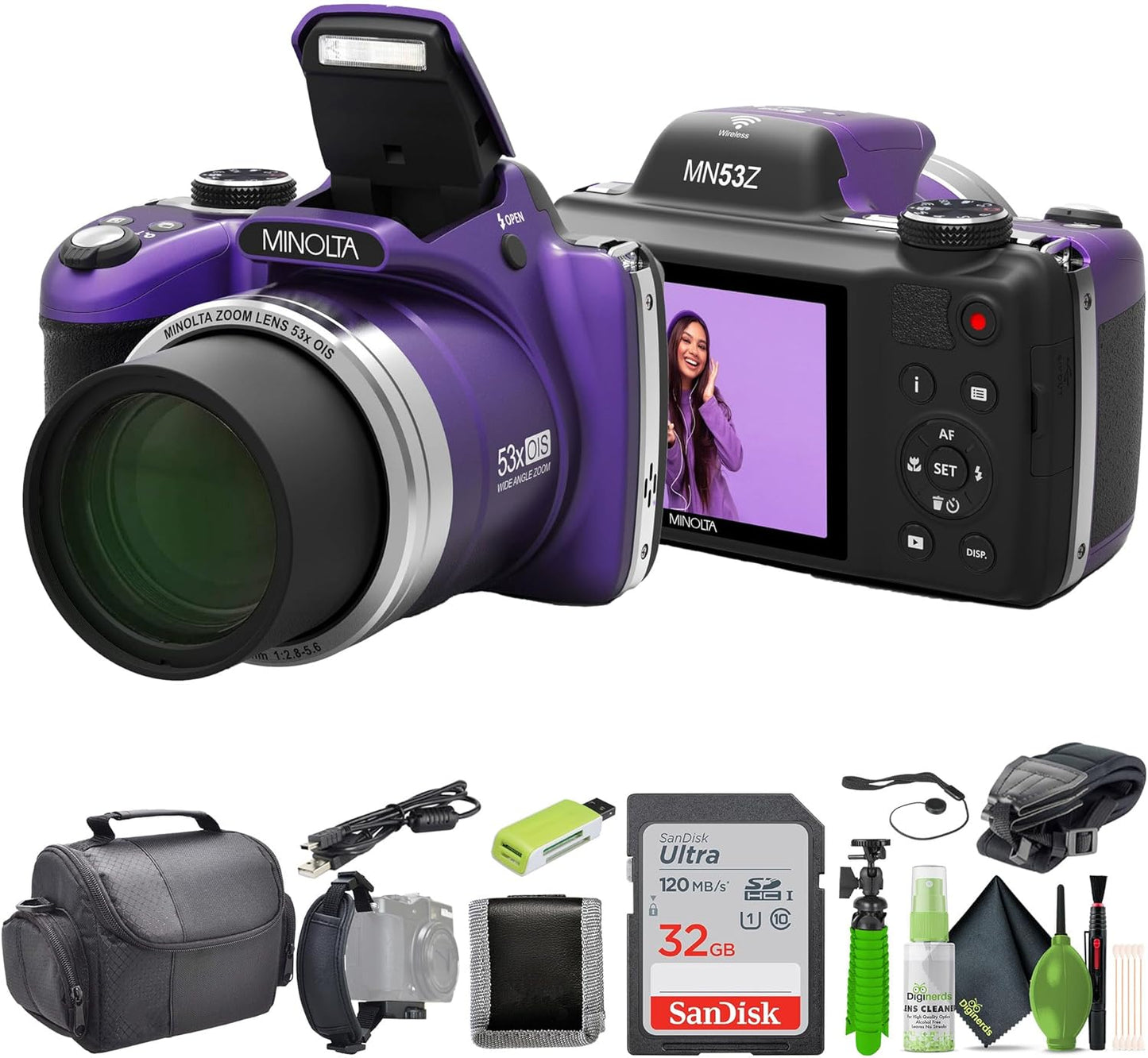 Minolta MN53Z 16 MP Bridge Camera with 53x Optical Zoom Bundle