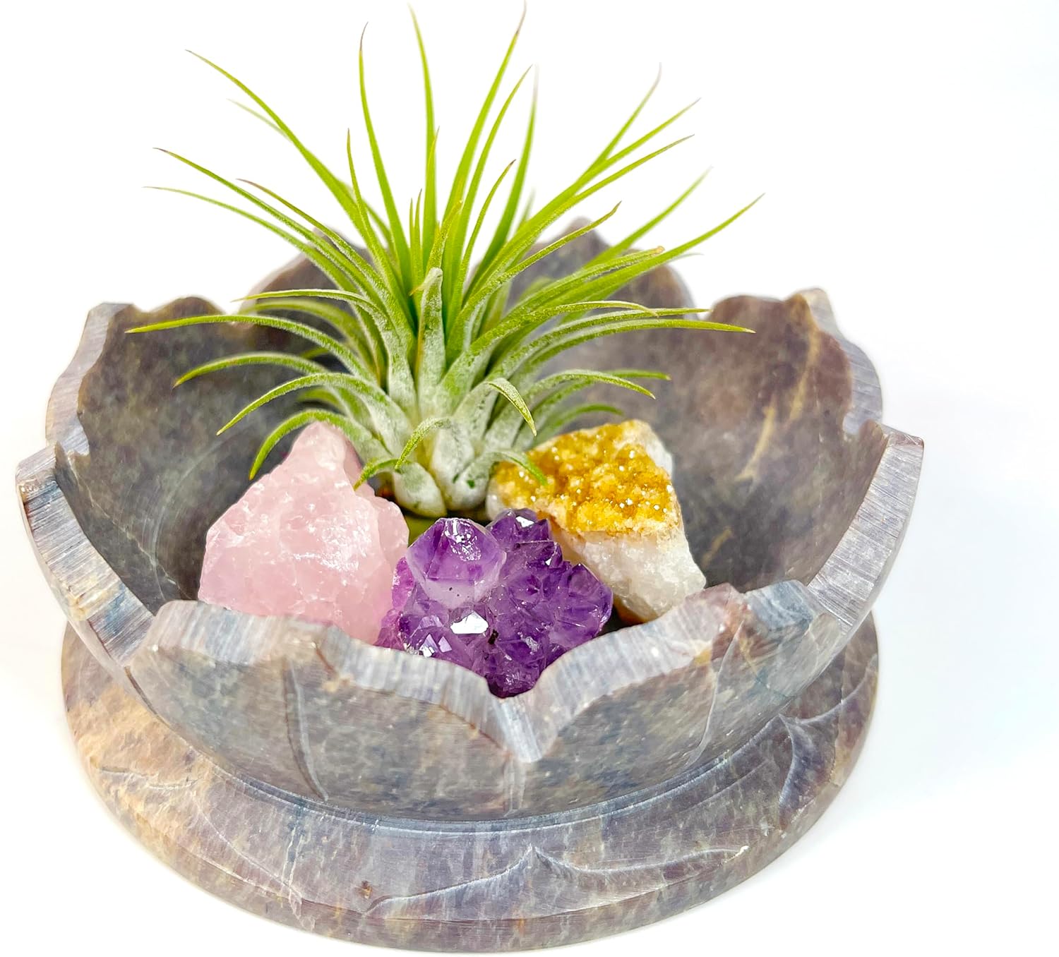 Lotus Carved Stone Bowl with Amethyst and Crystals for Mindfulness