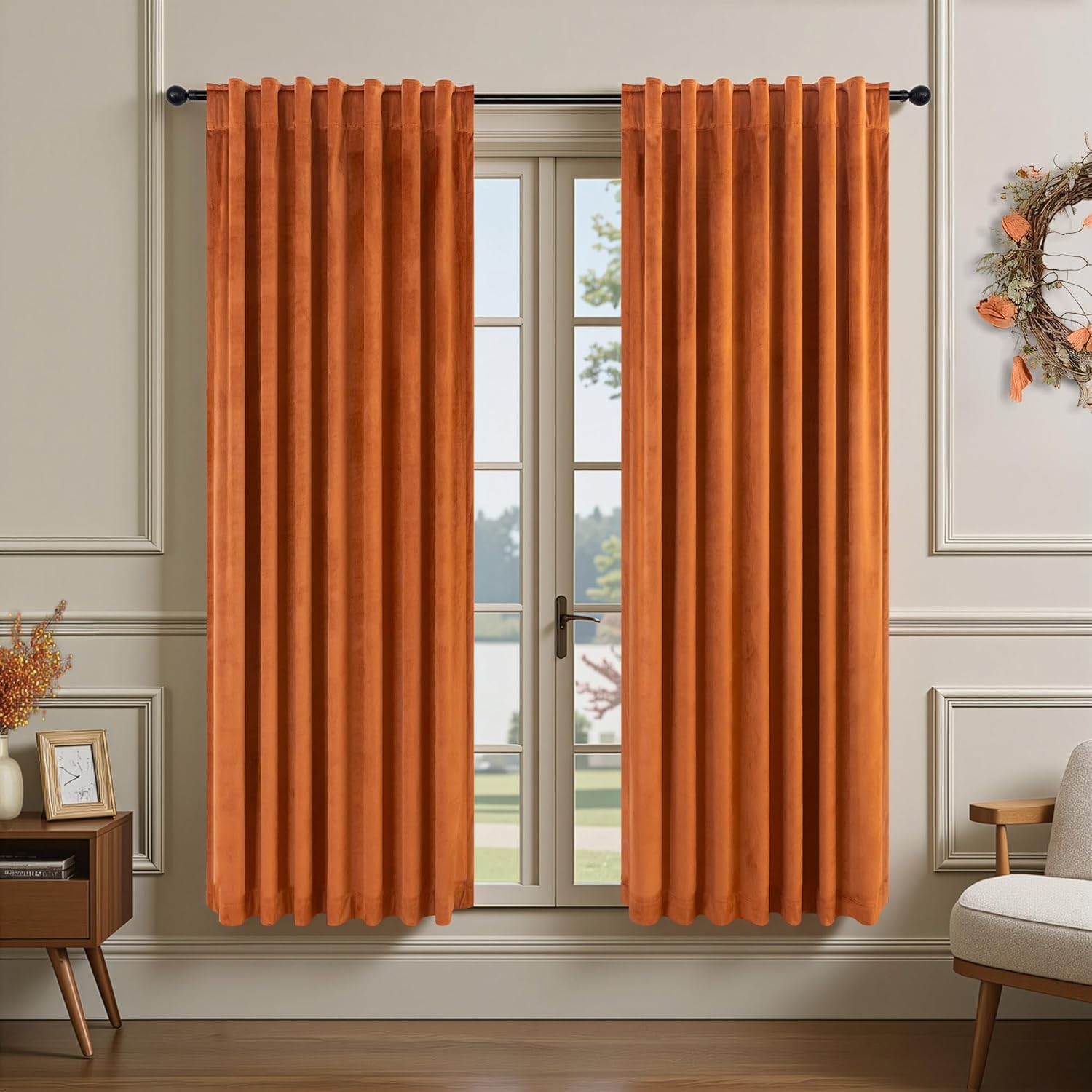 Burnt Orange Velvet Room Darkening Curtains for Elegant Spaces