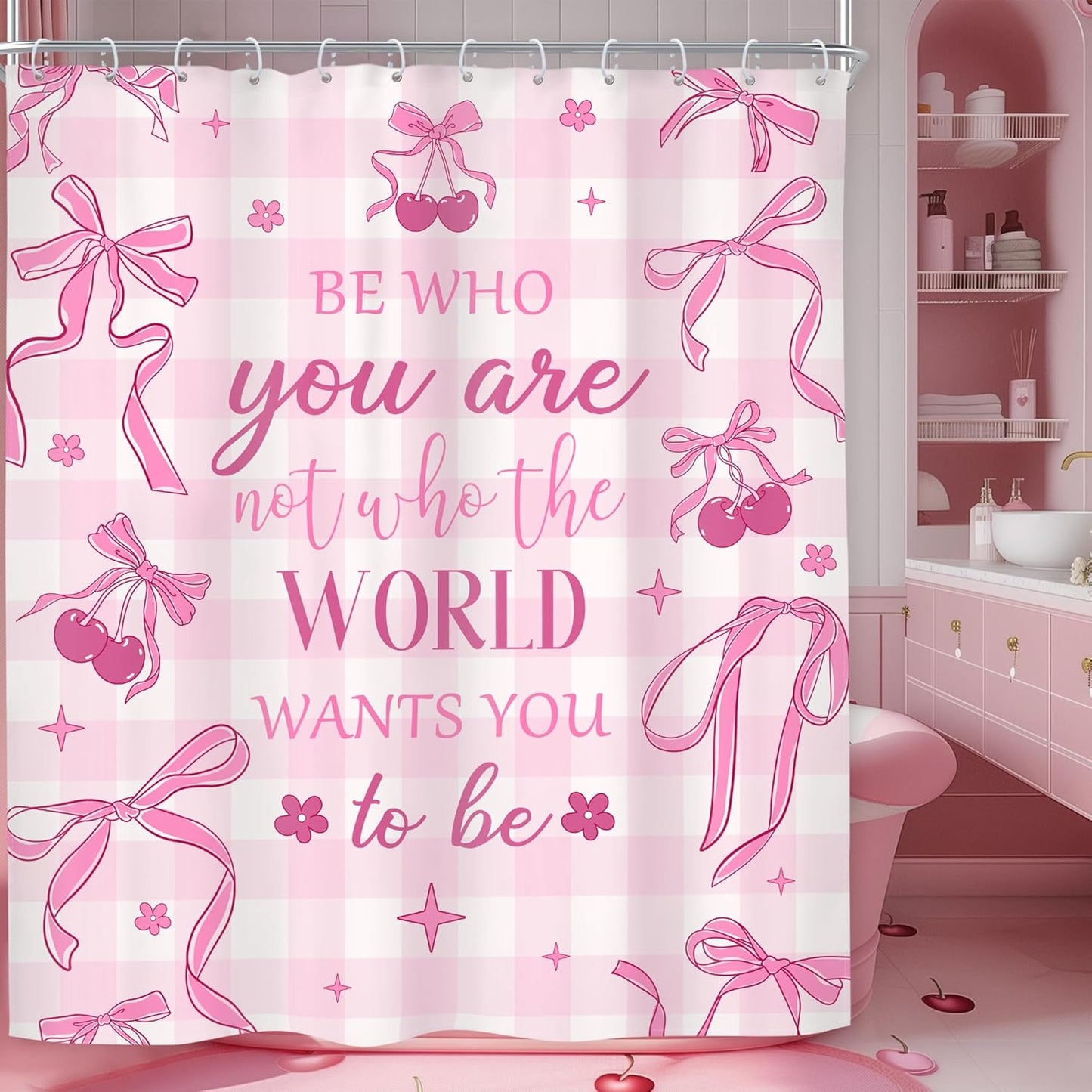 Girly Motivational Shower Curtain - Pink Bow Quotes