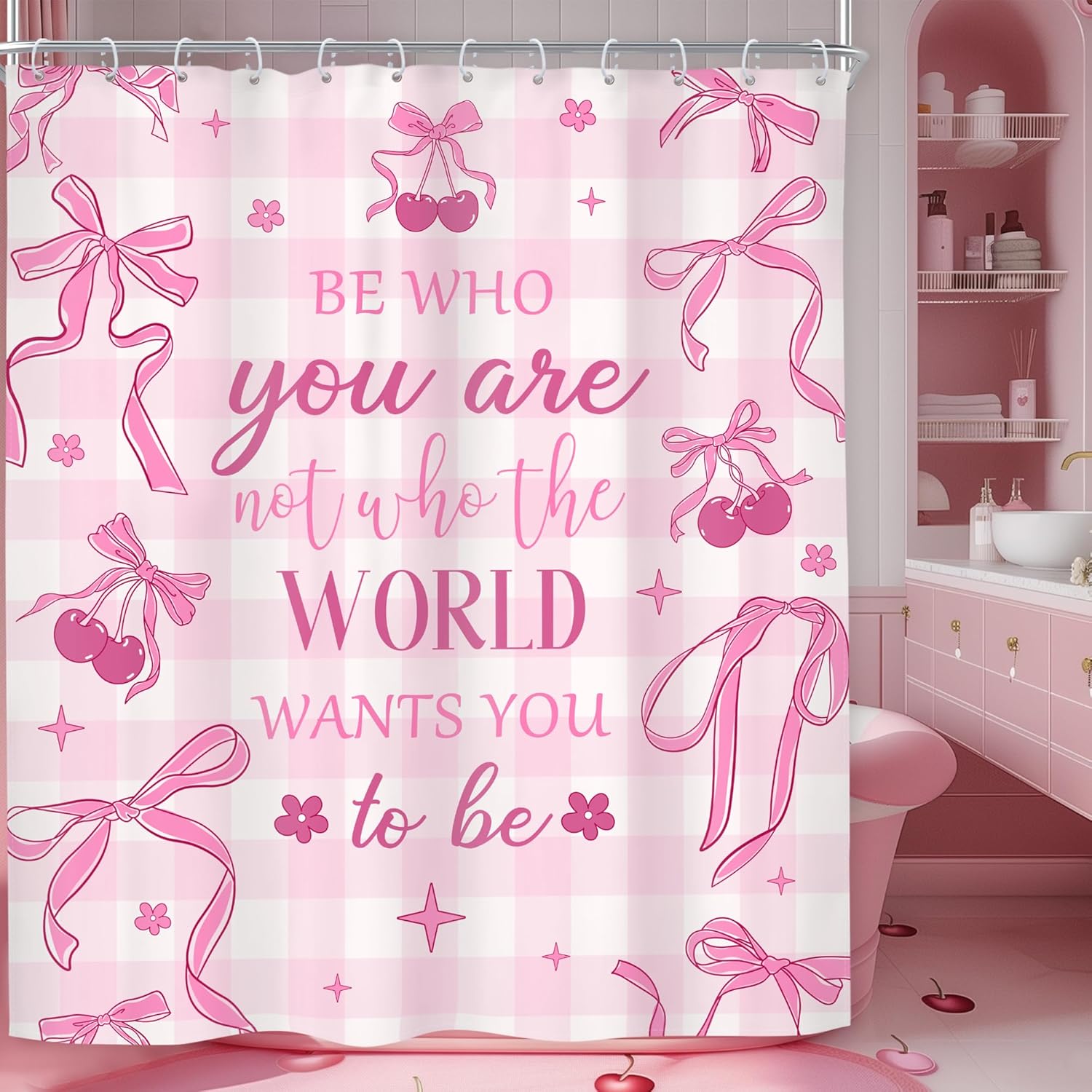 Girly Motivational Shower Curtain - Pink Bow Quotes