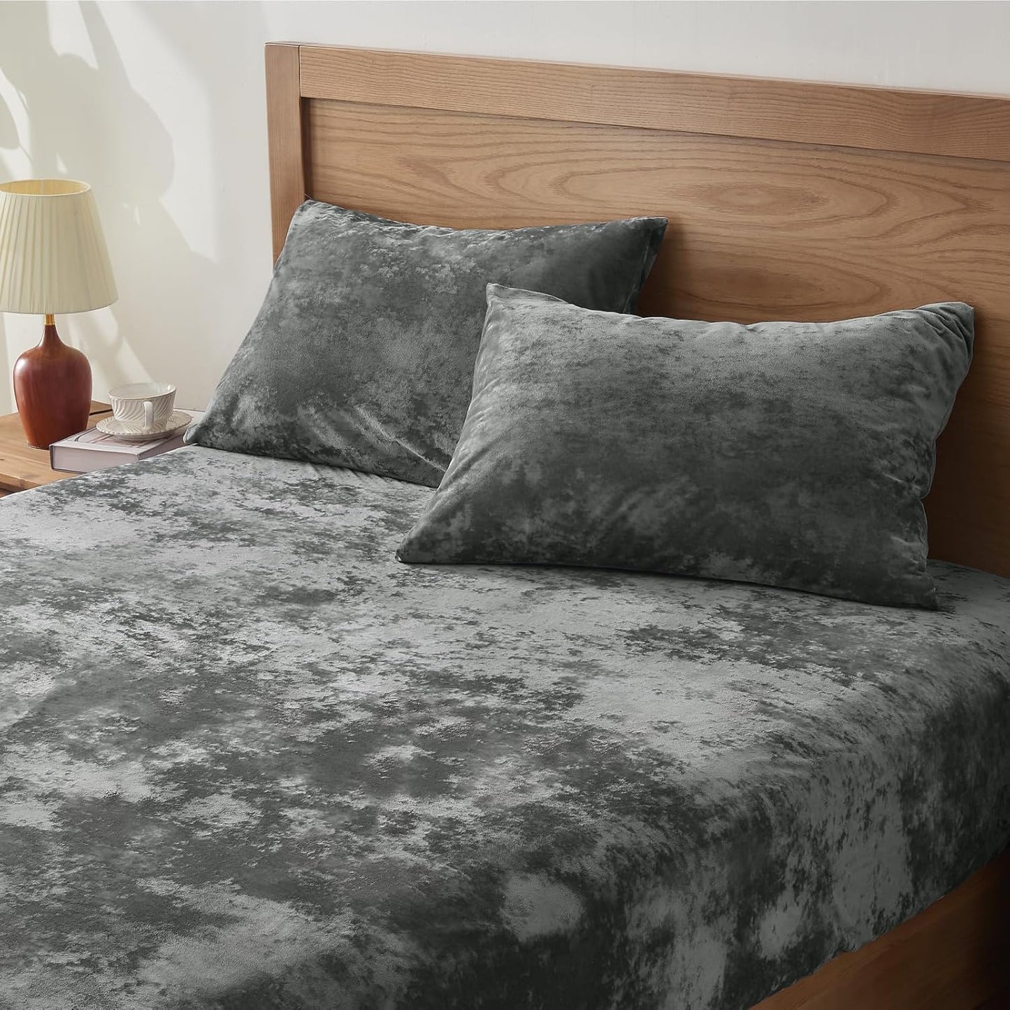 BEDELITE Velvet Fitted Sheet Set for King Size Beds, Grey