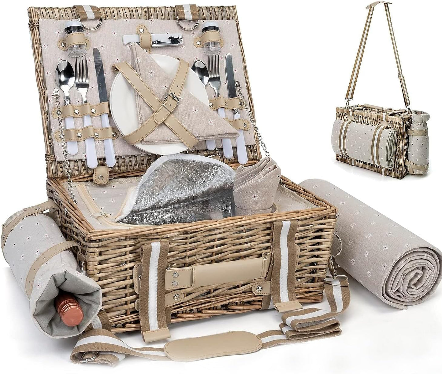 19Pcs Picnic Basket for 2 with Insulated Liner and Blanket