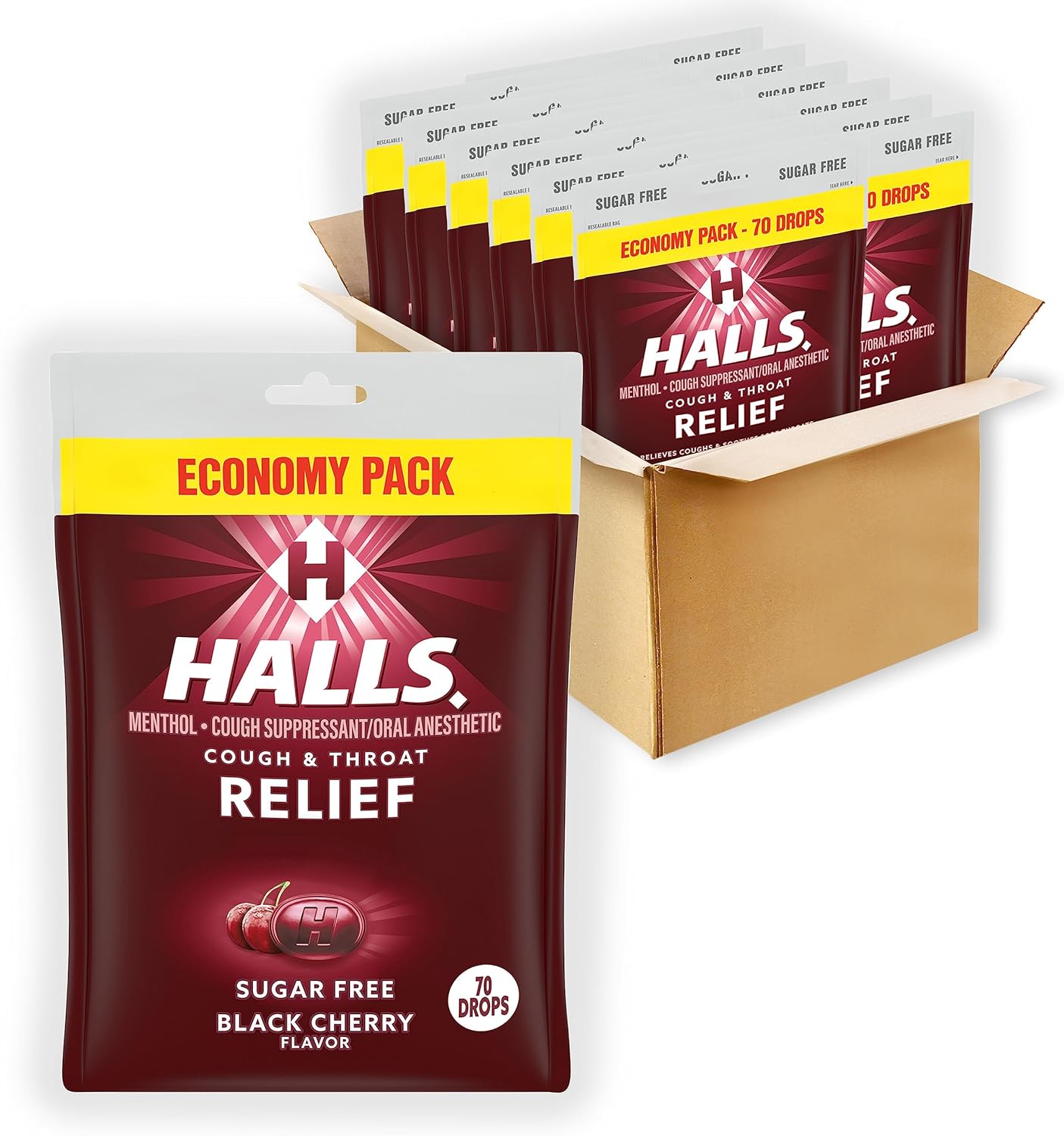 HALLS Relief Sugar Free Black Cherry Flavor Cough Drops Pack