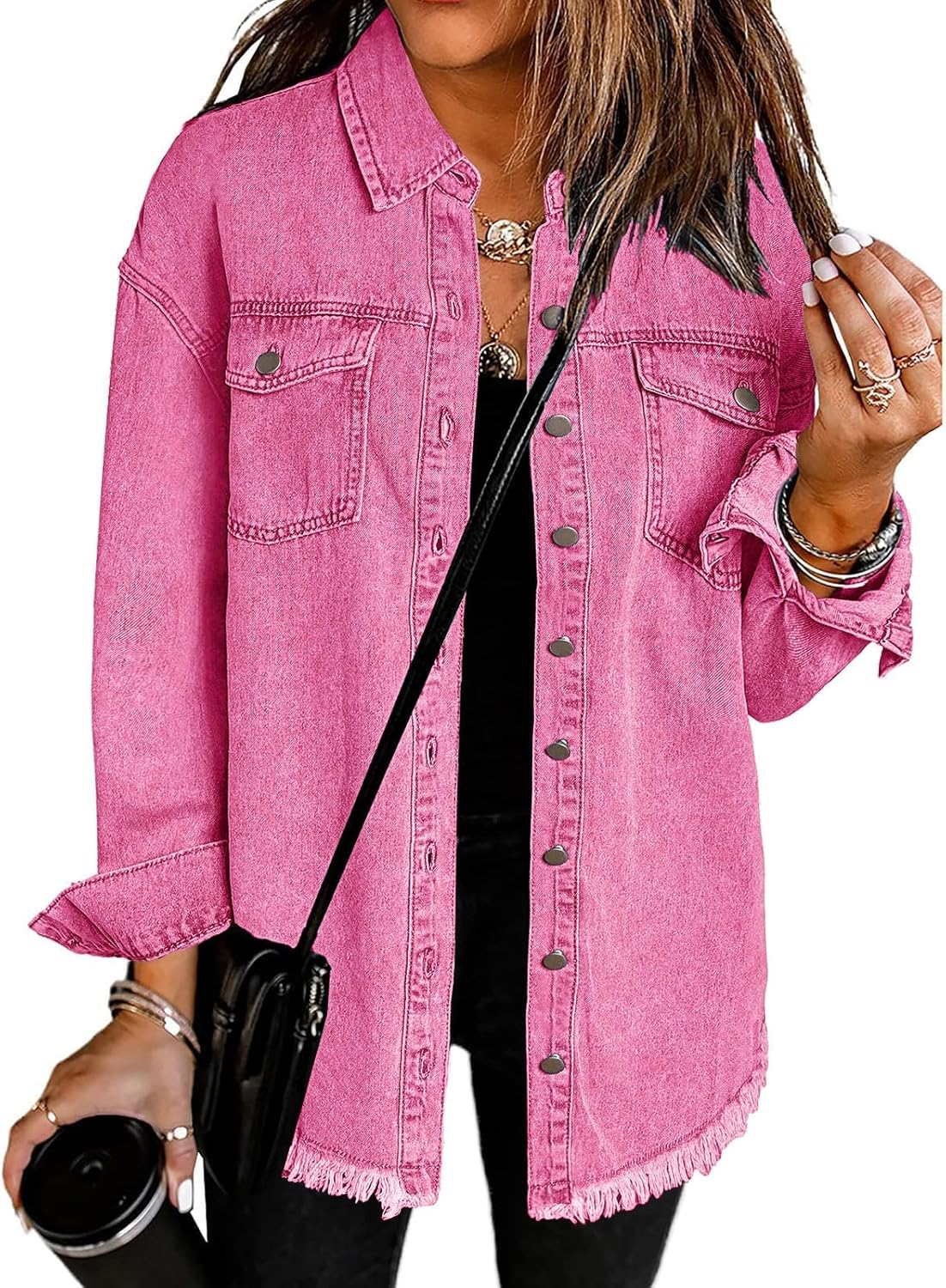 Oversized Button Up Frayed Hem Shacket for Women - Denim Jacket