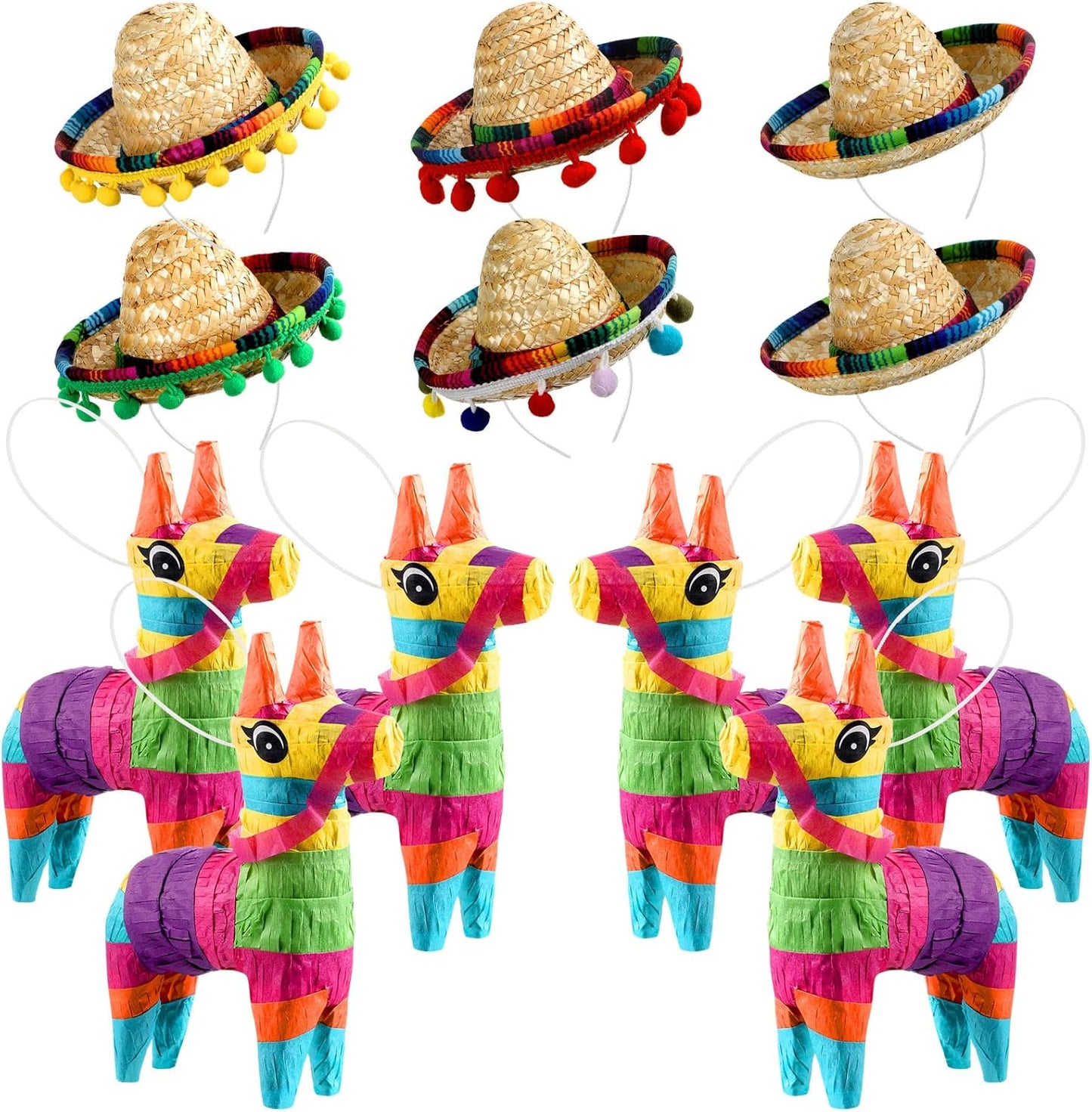 Mini Rainbow Donkey Pinata and Sombrero Hat Headbands Set