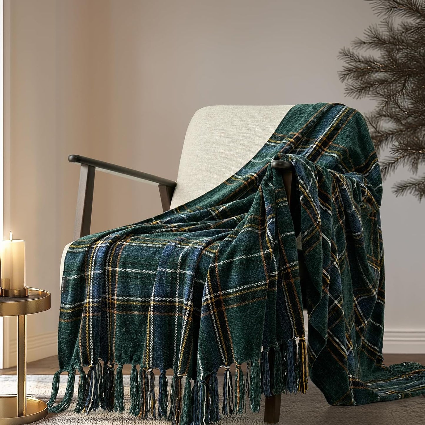 EVERGRACE Stewart Green Christmas Plaid Chenille Throw Blanket