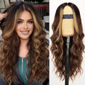 Brown Highlight Wig Long Wavy Lace Hairline Middle Part - 26 in