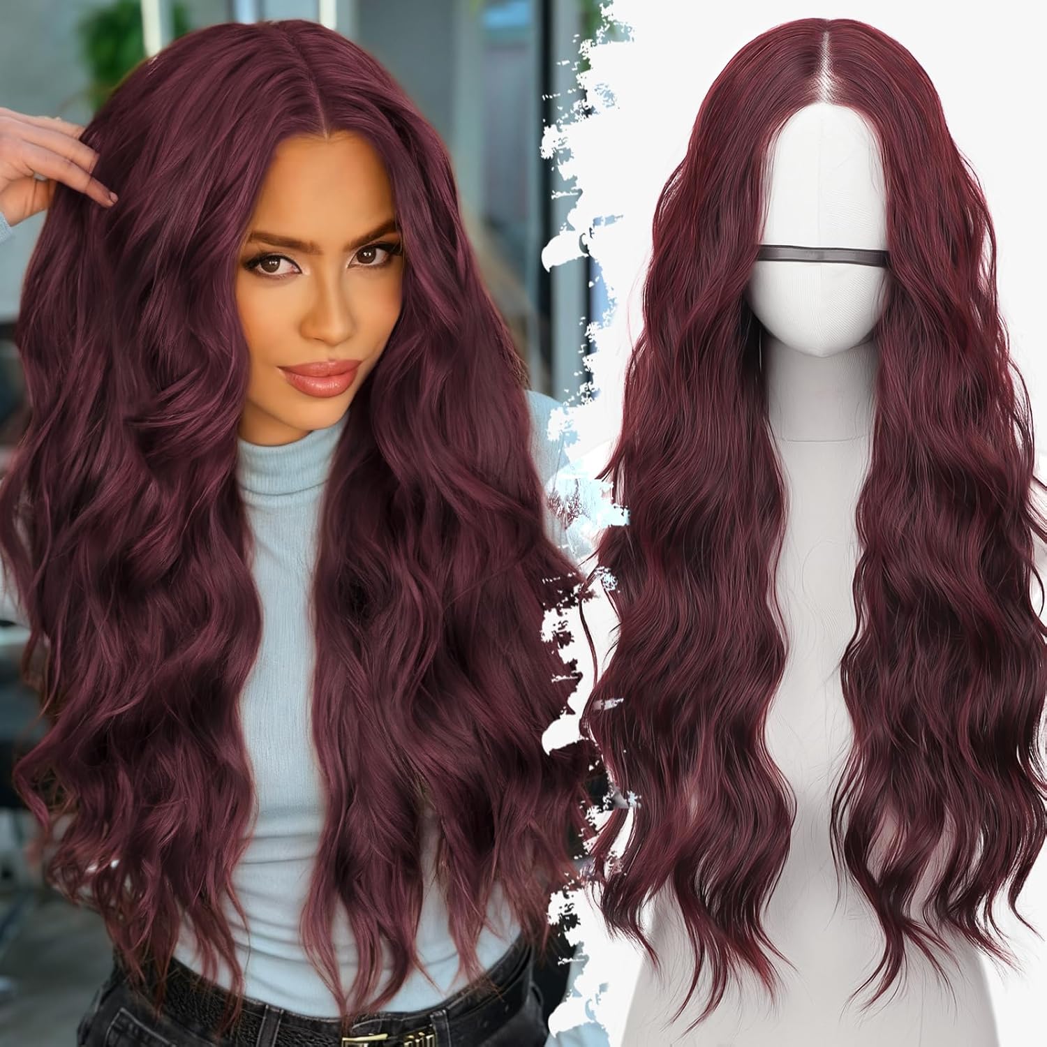Wine Red with Purple Tones Long Wavy Wig for Women, 26Inch