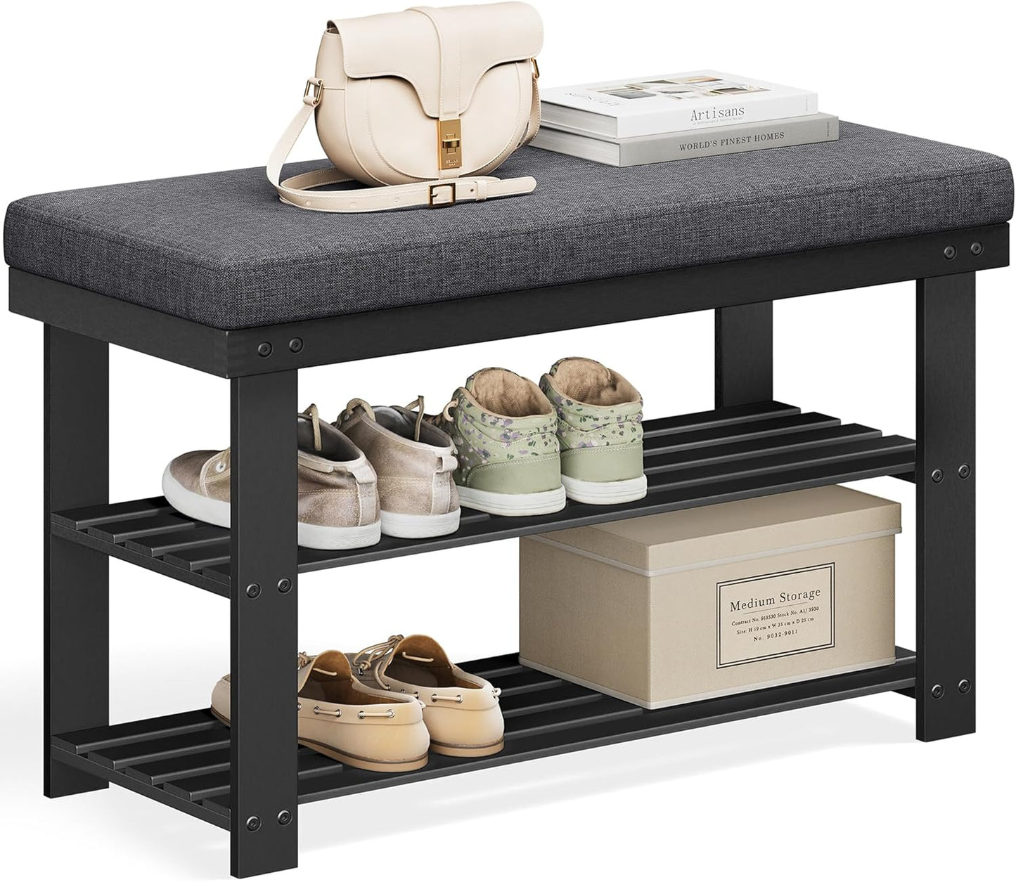 SONGMICS Bamboo Shoe Bench with 3-Tier Shoe Rack Organizer