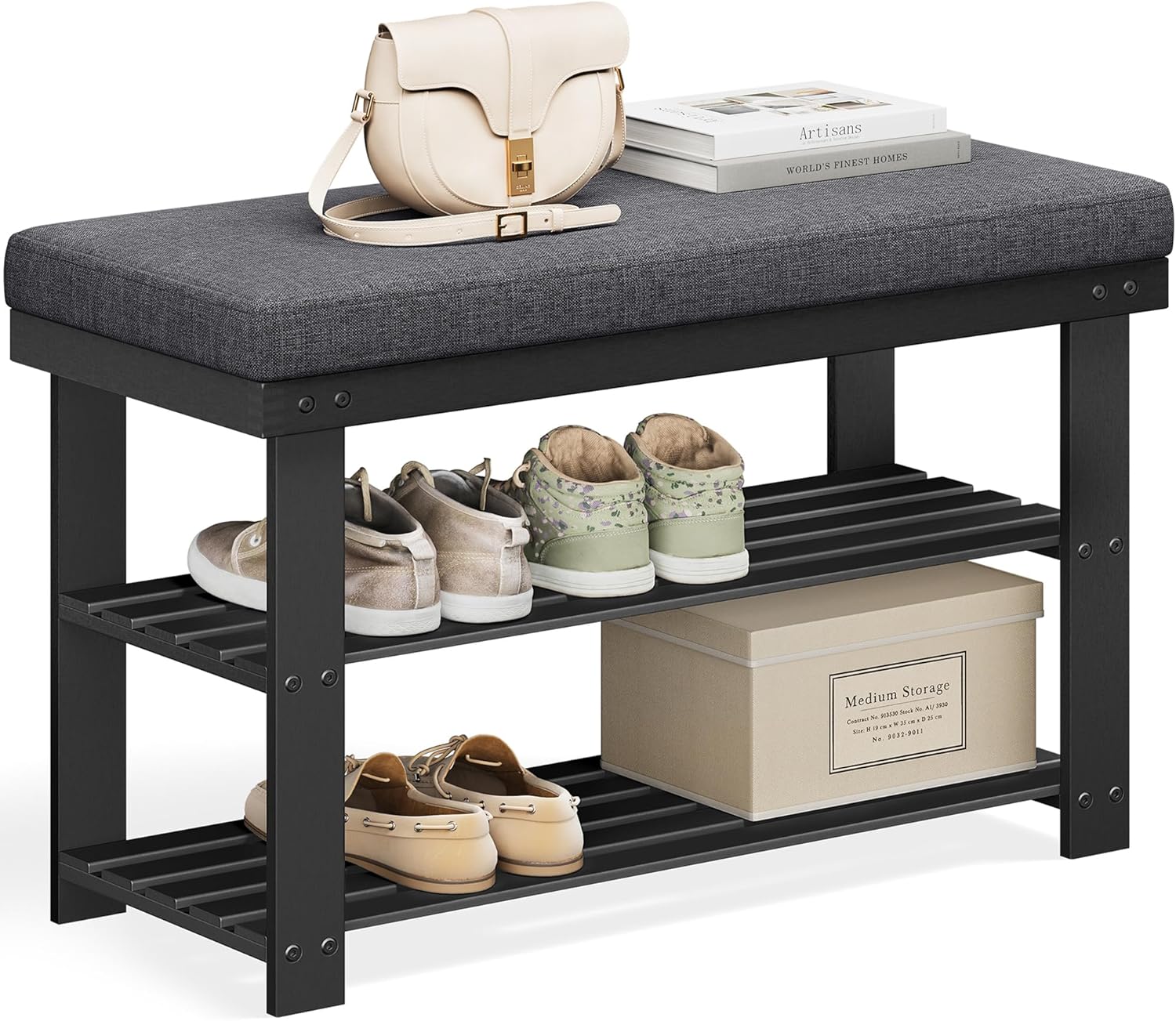 SONGMICS Bamboo Shoe Bench with 3-Tier Shoe Rack Organizer